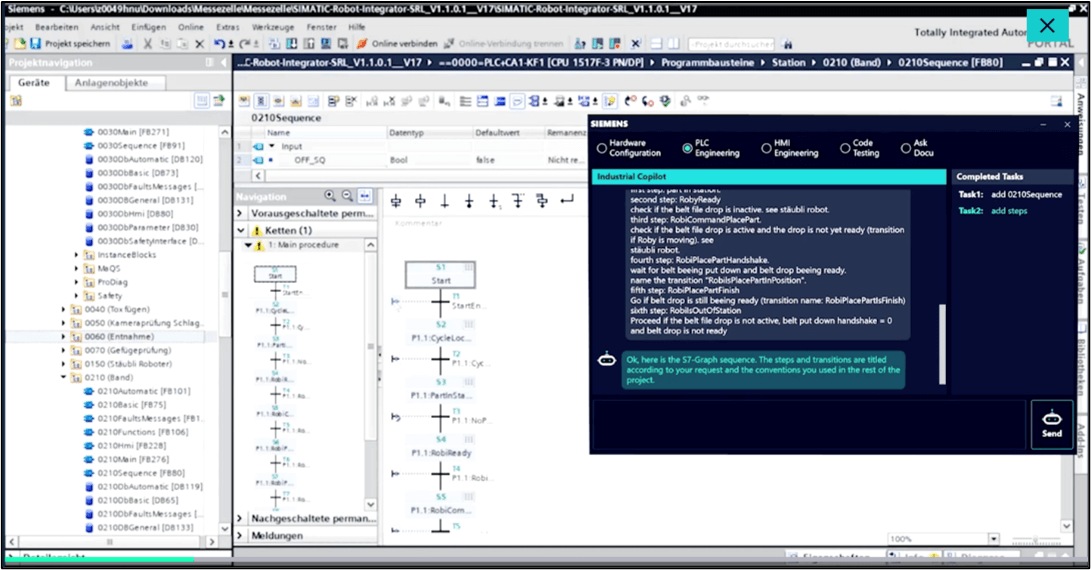 Siemens exhibit of its AI-assisted Industrial Engineering Copilot, which helps engineers generate PLC code faster for special machinery