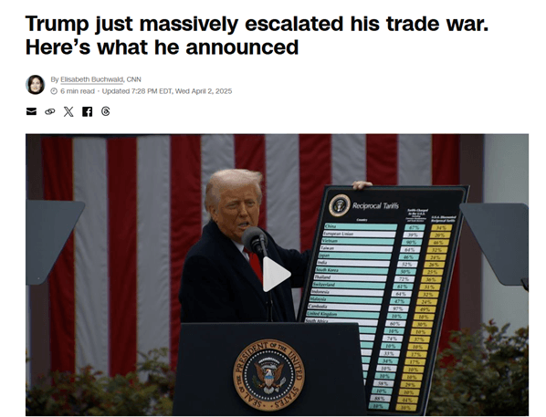 US President Donald Trump announcing widespread tariffs on April 2, 2025