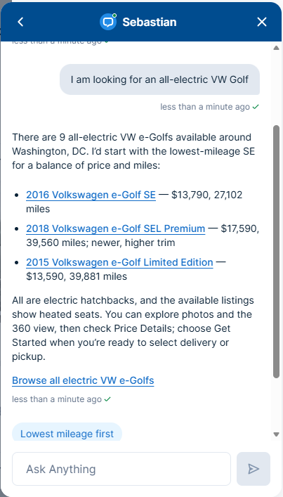 Screenshot of Carvana's Sebastian tool