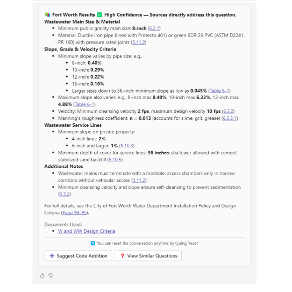 Natural language query results providing codes and standards for Fort Worth, Texas