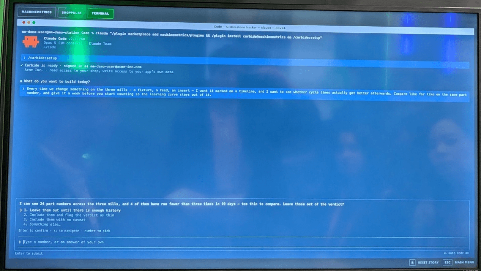 Picture of MachineMetric's IMTS display, showing how its Carbide MCP server loads into Claude Code to surface MachineMetrics knowledge graph. Picture by IoT Analytics at IMTS.