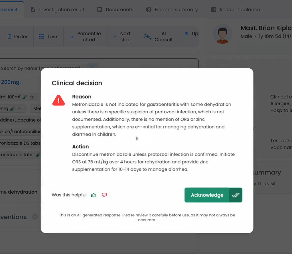 Screenshot of AI Consult flagging a prescription based on data in the patients records