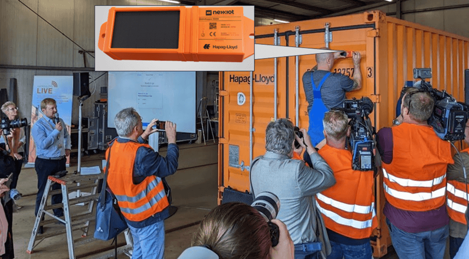 First installation of Nexxiot’s Globehopper Edge tracking device on a Hapag-Lloyd shipping container (August 2022)